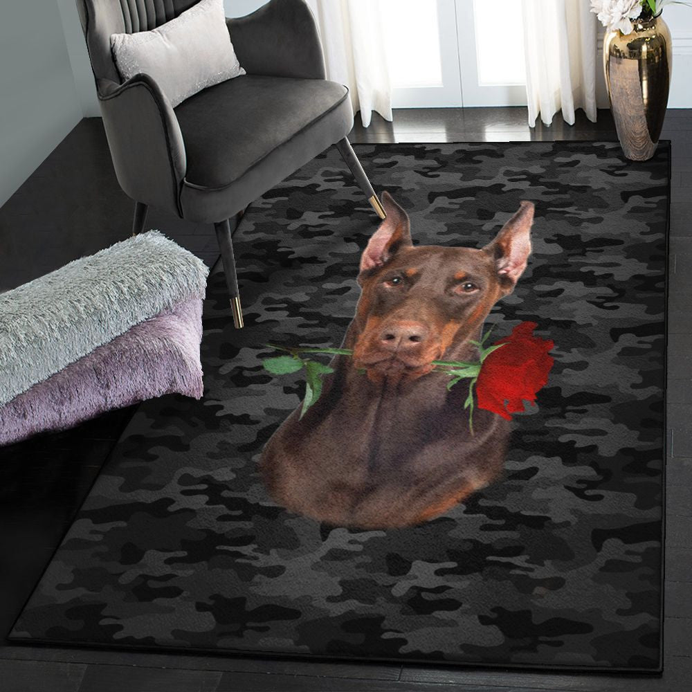 Doberman Dog Kitchen Rugs Doberman Rose Zipper Dog Pocket Rug Rectangle Rugs Washable Area Rug Non-Slip Carpet For Living Room Bedroom