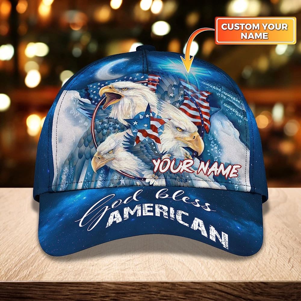 Bald Eagle God Bless America Flag Custom Name Baseball Cap, Christian Baseball Cap, Religious Cap, Jesus Gift, Jesus Hat