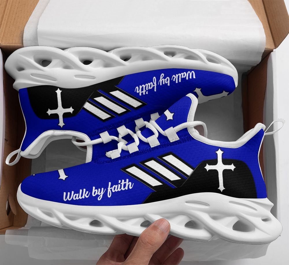 Christian Best Running Shoes, Jesus Walk By Faith Running Sneakers Blue Art Max Soul Shoes For Men And Women, Jesus Fashion Shoes