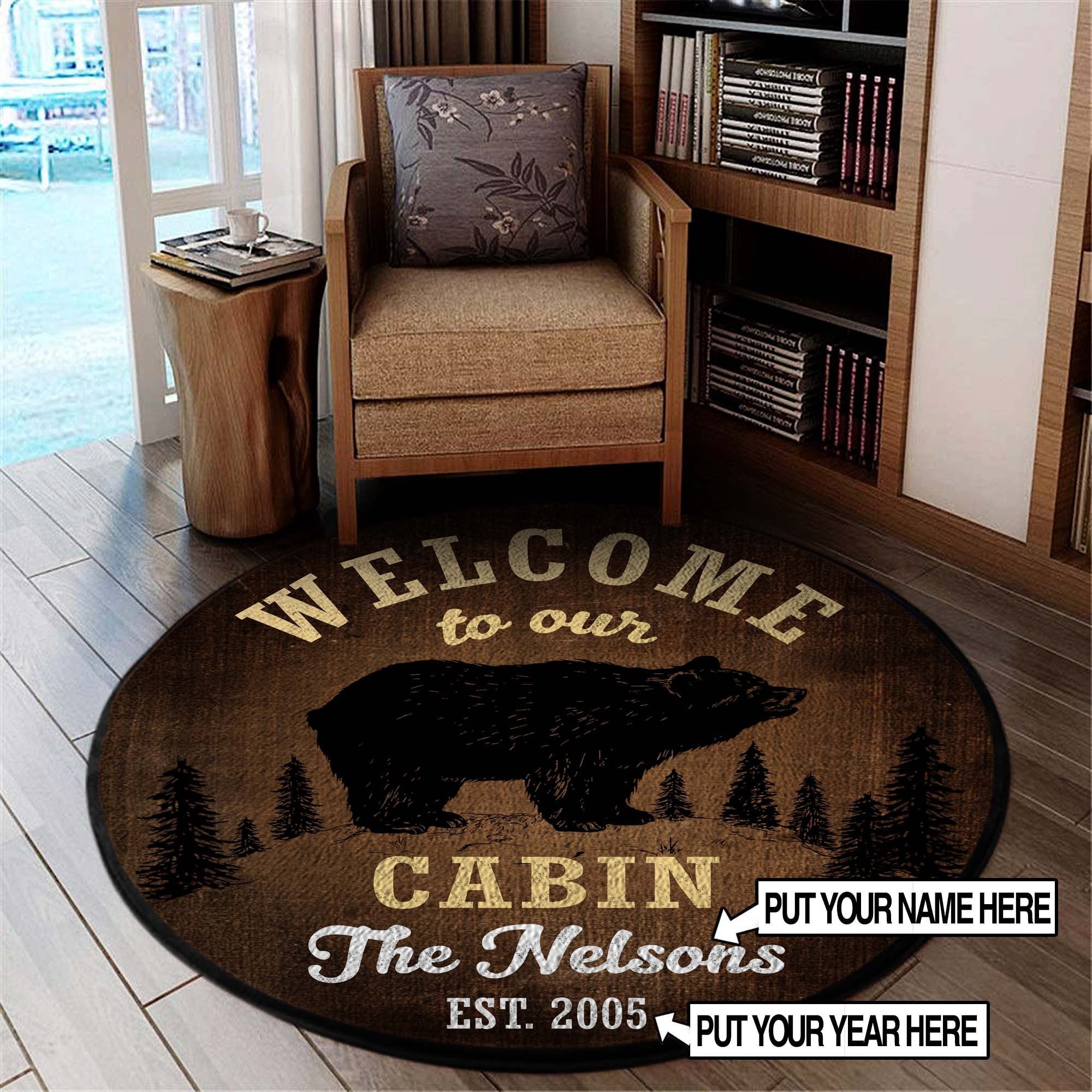 Personalized Welcome To Our Cabin Round Rug, Carpet Living Room Round Mat Circle Rug Kitchen Rugs Round Rugs