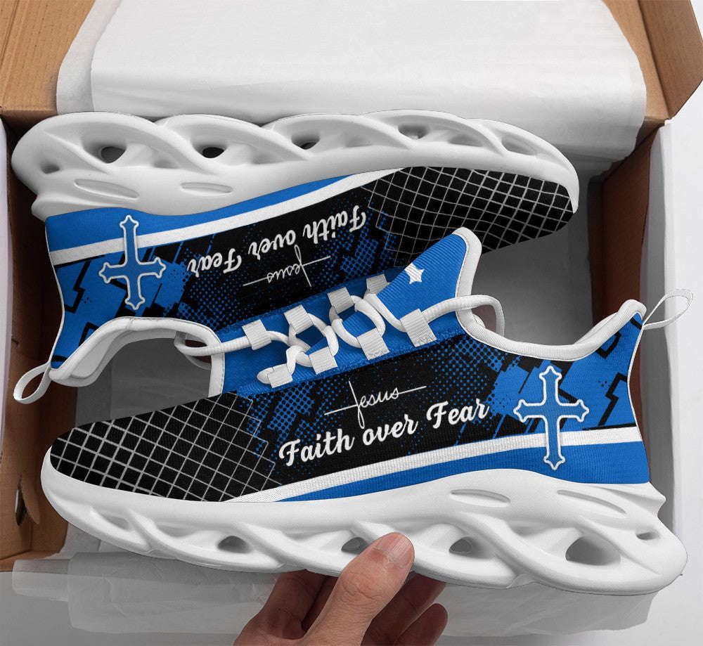 Christian Best Running Shoes, Jesus Blue Faith Over Fear Running Sneakers Max Soul Shoes For Men And Women, Jesus Fashion Shoes