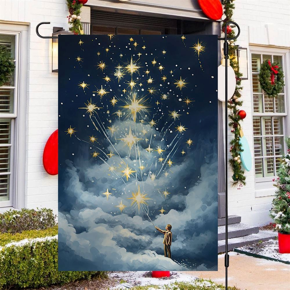 Young Boy Touch The Starlight Flag, Christmas Garden Flag, Home Decor Accessories, Christmas Outdoor Decor Ideas