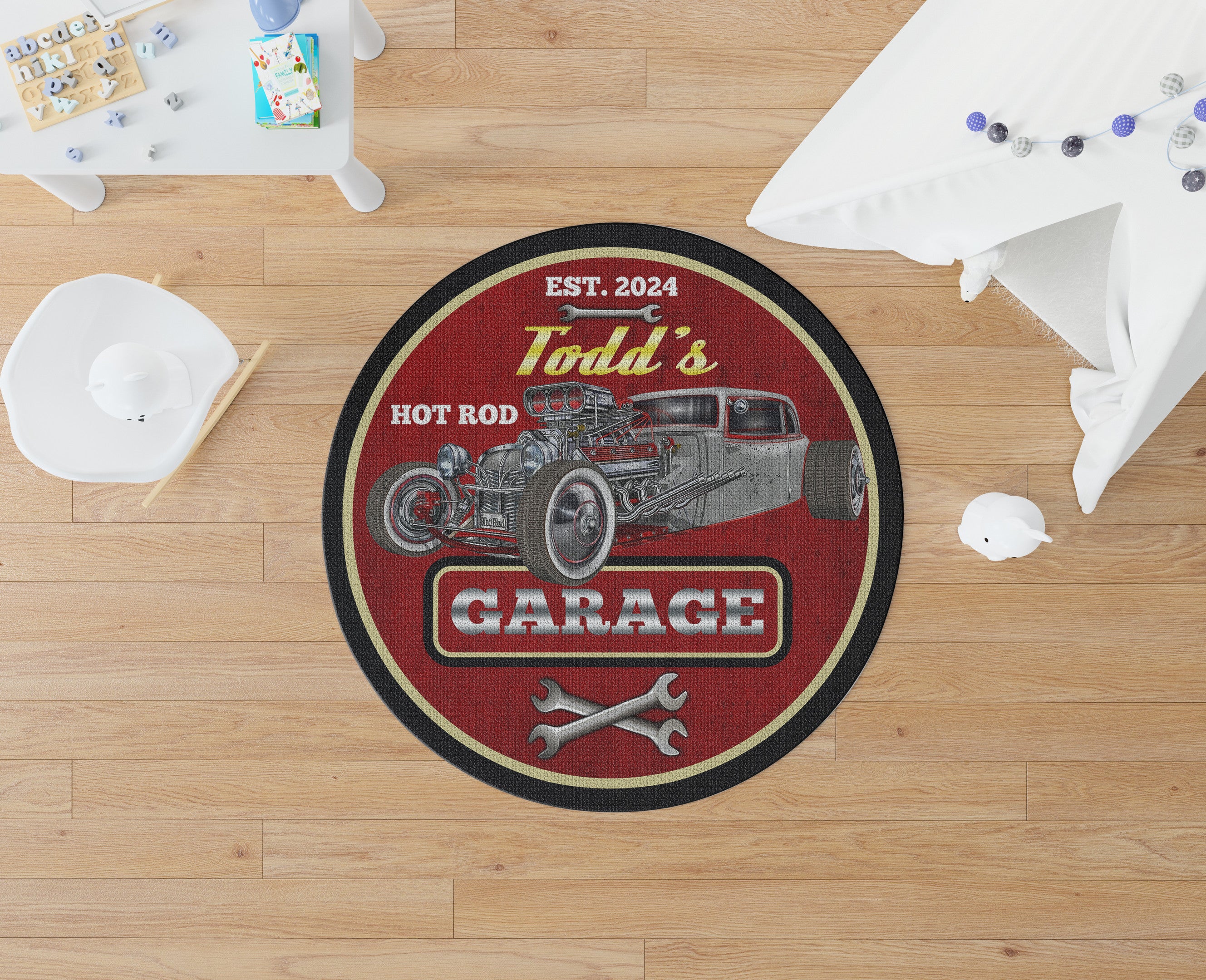 Personalized Hot Rod Garage Round Mat Round Floor Mat Room Rugs Carpet Outdoor Rug Washable Rugs