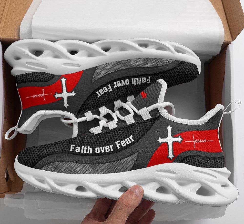 Christian Best Running Shoes, Jesus Faith Over Fear Running Sneakers Grey Max Soul Shoes For Men And Women, Jesus Fashion Shoes