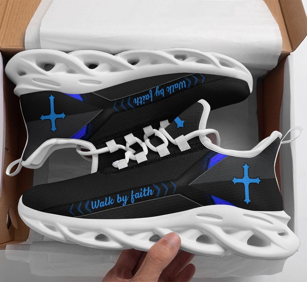 Christian Best Running Shoes, Jesus Walk By Faith Running Sneakers Blue Christ Black Max Soul Shoes For Men And Women, Jesus Fashion Shoes