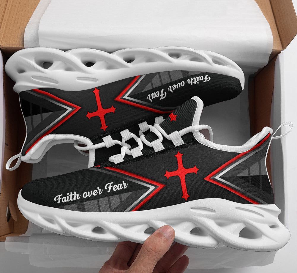 Christian Best Running Shoes, Jesus Faith Over Black Red Fear Running Sneakers Max Soul Shoes For Men And Women, Jesus Fashion Shoes