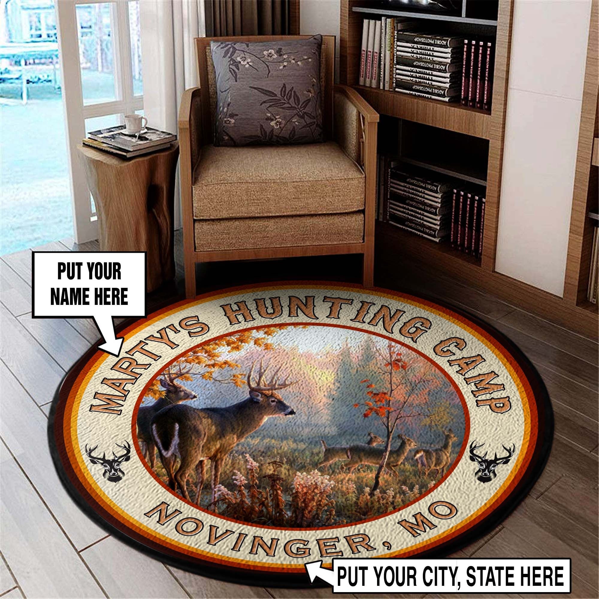 Personalized Orange Hunting Camp Round Mat Circle Rug