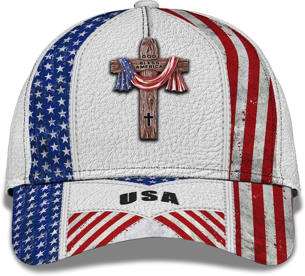 American Flag On Cross God Bless America All Over Print Baseball Cap, God Cap, Gift Ideas For Male