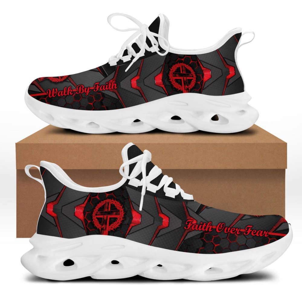 Christian Best Running Shoes, Jesus Red And Black Faith Over Fear Running Sneakers Max Soul Shoes For Men And Women, Jesus Fashion Shoes