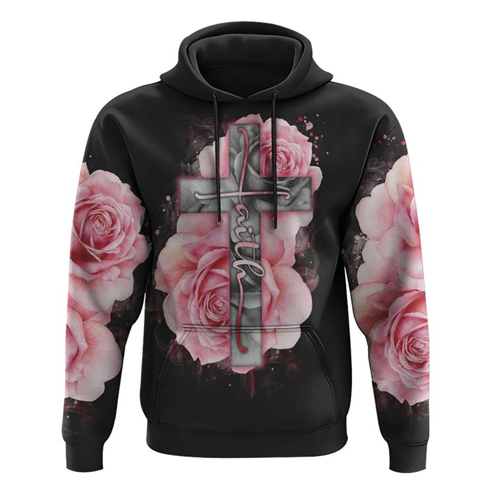 Light Pink Cross Roses Smoke All Over Print 3D Hoodie, Christian Hoodie, Christian Hoodie, Bible Verse Shirt