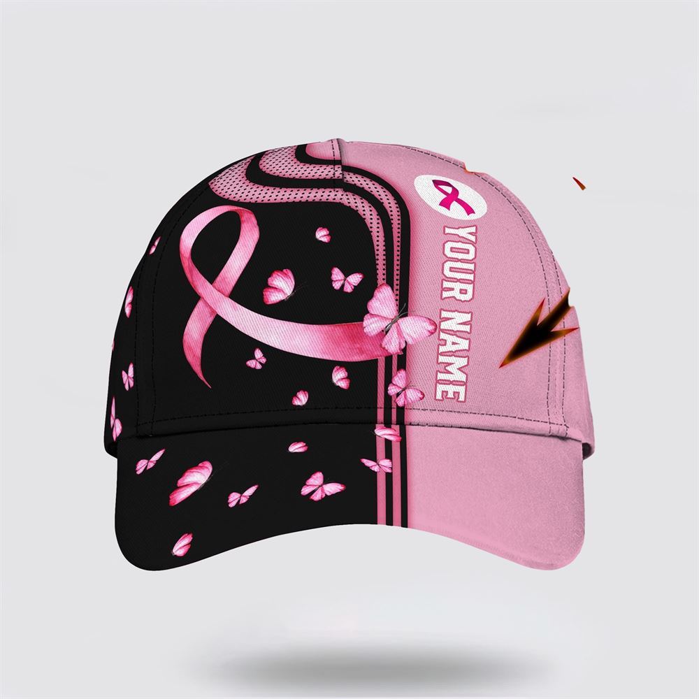 Customized Breast Cancer Awareness Butterfly Art Black And Pink Print Baseball Cap, Gifts For Breast Cancer Patients, Breast Cancer Hat