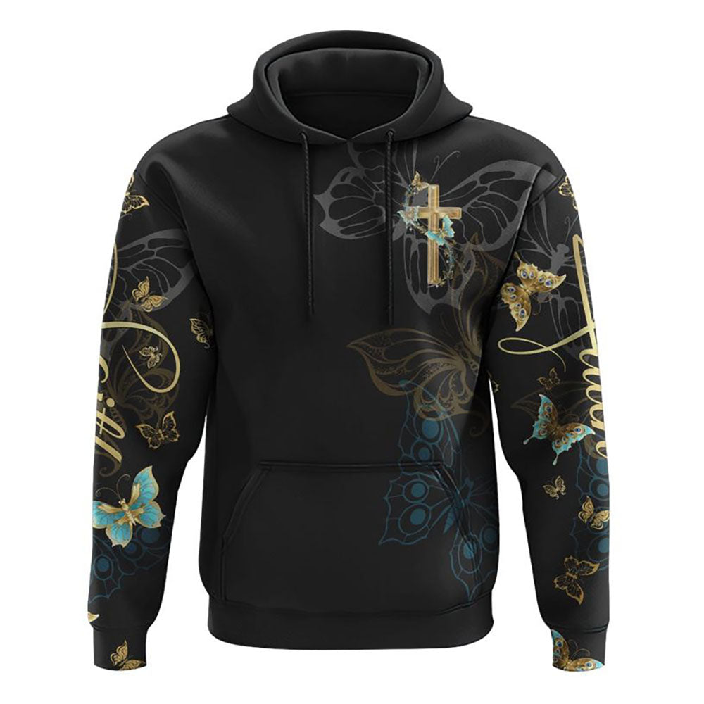 Faith Gold Cross Butterfly All Over Print 3D Hoodie, Christian Hoodie, Christian Sweatshirt, Bible Verse Shirt