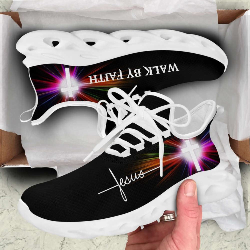 Christian Best Running Shoes, Jesus Walk By Faith Running Sneakers White Black Art Max Soul Shoes For Men And Women, Jesus Fashion Shoes