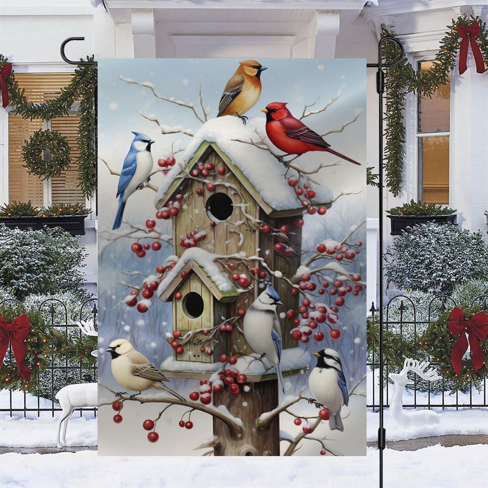 Winter Gathering At The Berry Laden Birdhouse Flag, Christmas Notre Dame House Flag, Christmas Outdoor Decor Ideas