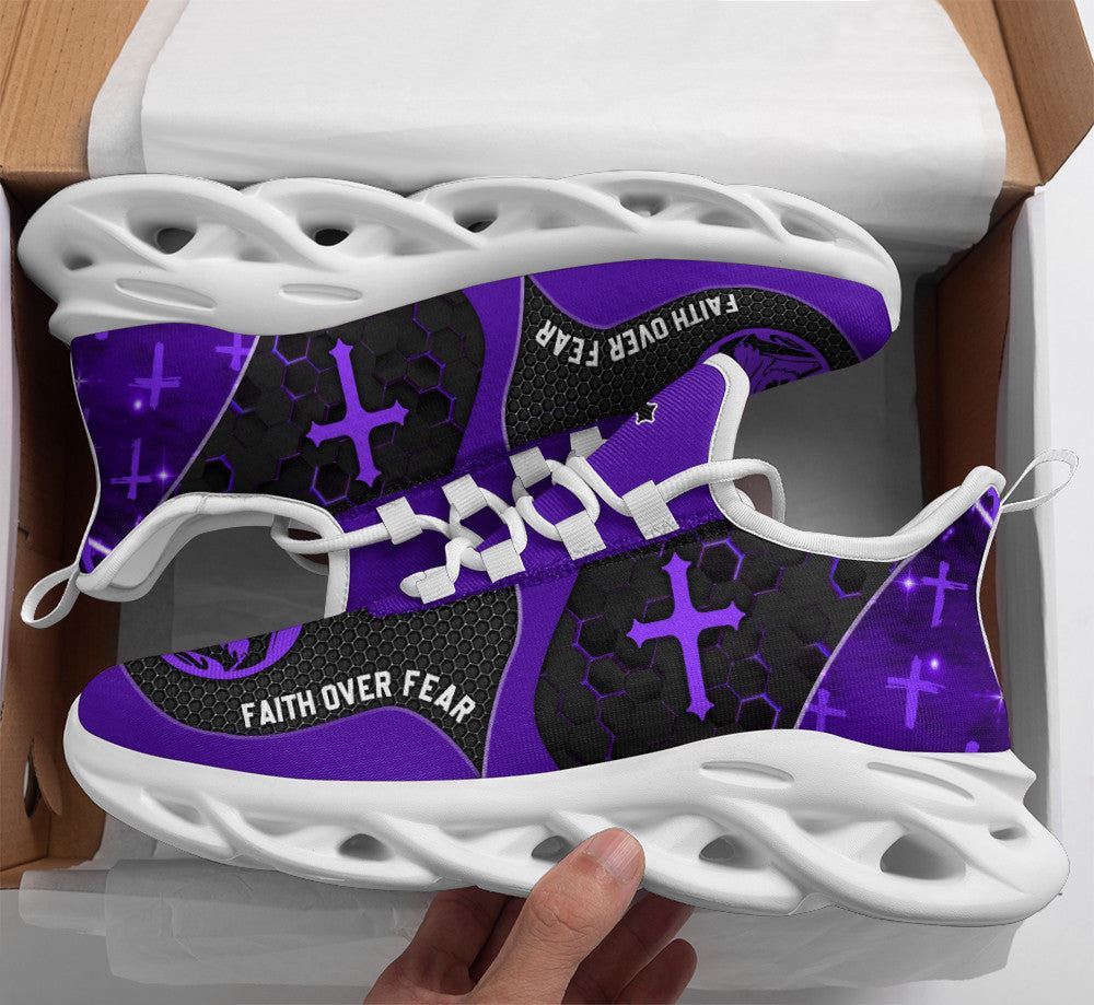 Christian Best Running Shoes, Jesus Faith Over Fear Running Sneakers Purple Max Soul Shoes For Men And Women, Jesus Fashion Shoes