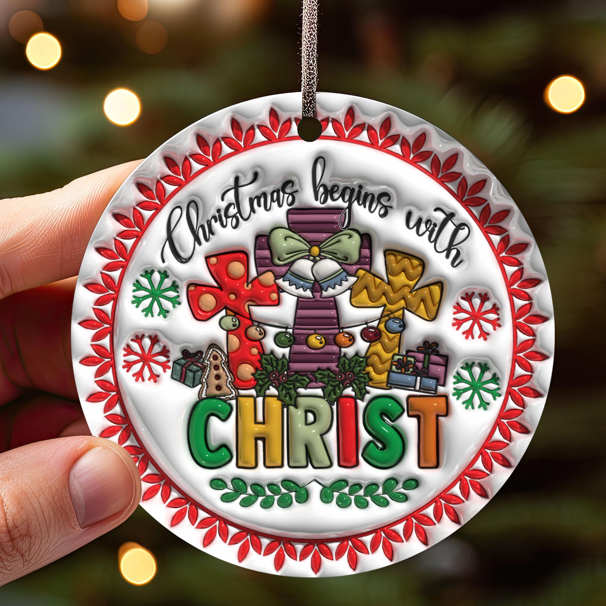 143D Inflated Christmas Begins With Christ Ornament PNG, Christian Christmas Ornament Sublimation PNG, Christmas Cross Round Ornament