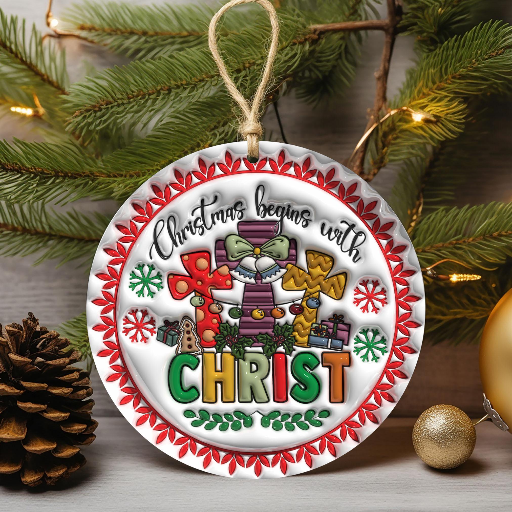 143D Inflated Christmas Begins With Christ Ornament PNG, Christian Christmas Ornament Sublimation PNG, Christmas Cross Round Ornament