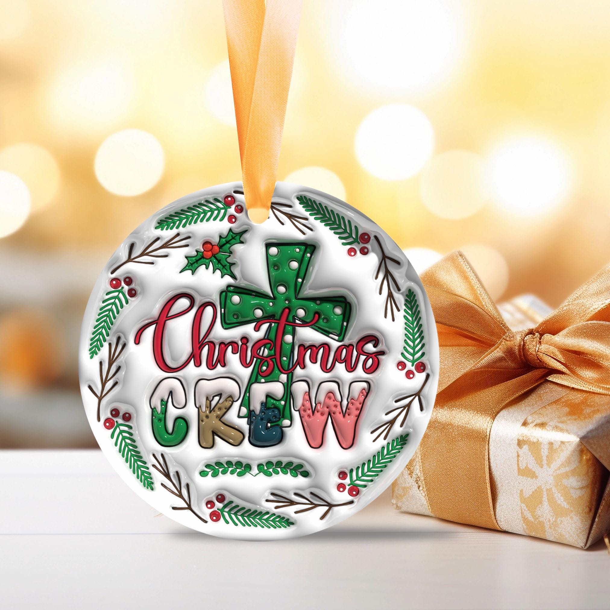 143D Inflated Christmas Crew Ornament PNG, Christian Christmas Ornament Sublimation PNG, Christmas Cross Round Ornament