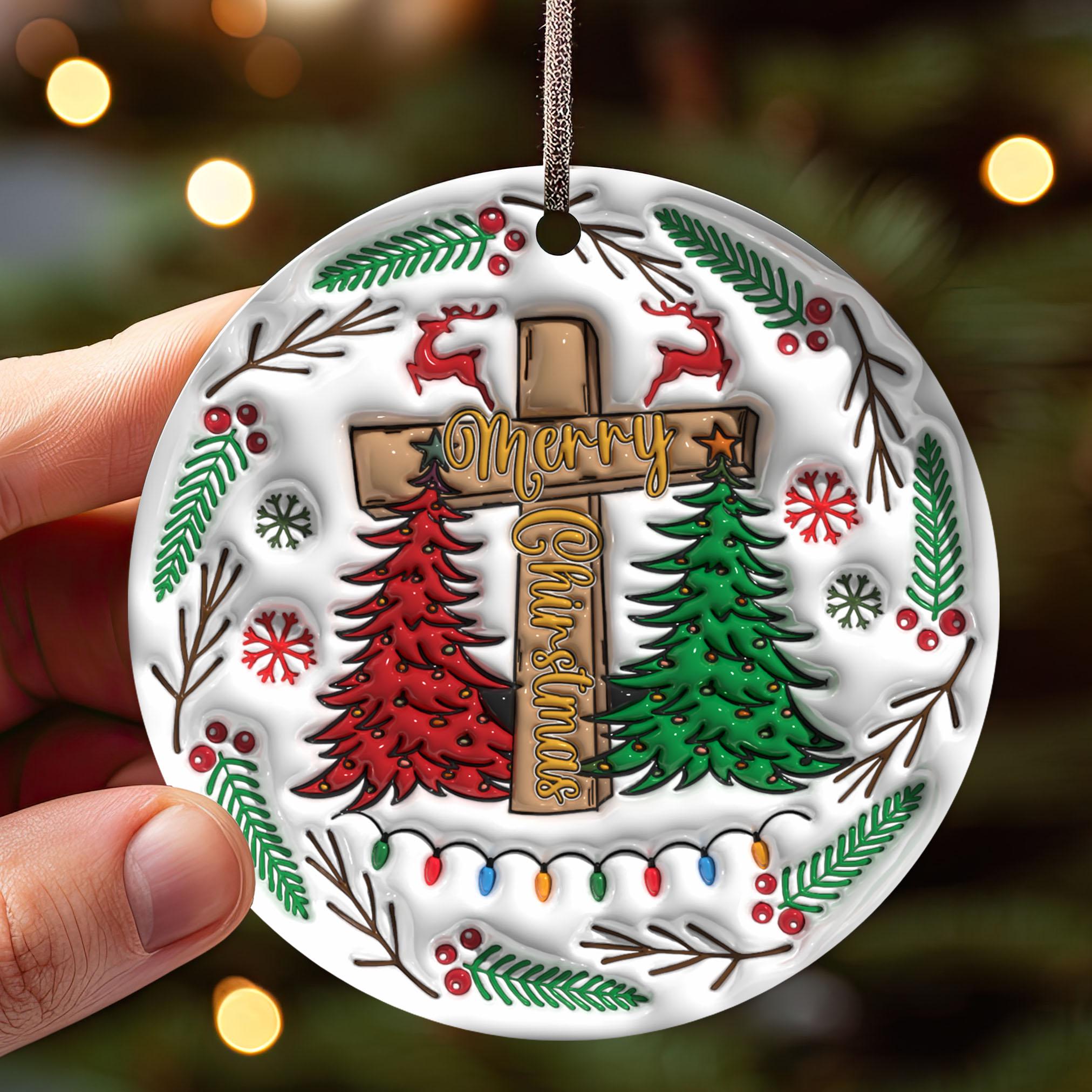 143D Inflated Christmas Cross Ornament PNG, Christian Christmas Ornament Sublimation PNG, Jesus Christmas Round Ornament