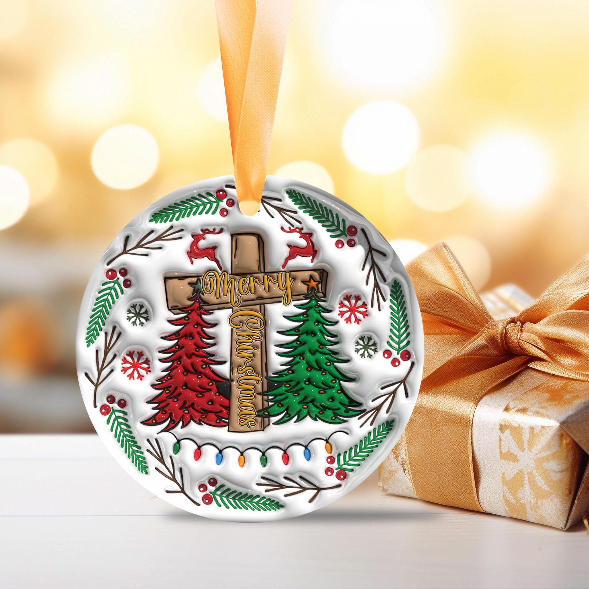 143D Inflated Christmas Cross Ornament PNG, Christian Christmas Ornament Sublimation PNG, Jesus Christmas Round Ornament