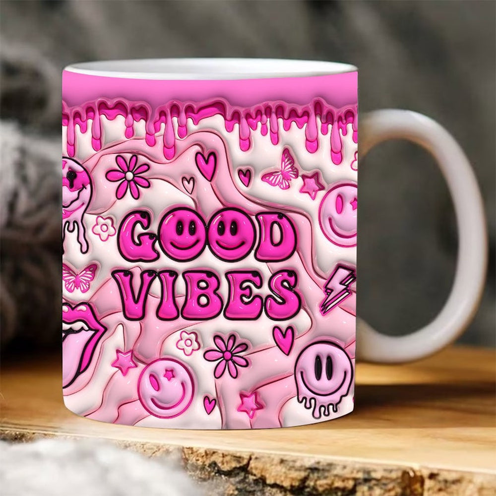 3D Inflated Good Vibes Mug, 3D Coffee Mug, Cute 3D Inflated Mug, Birthday Gift, Christimas Gift