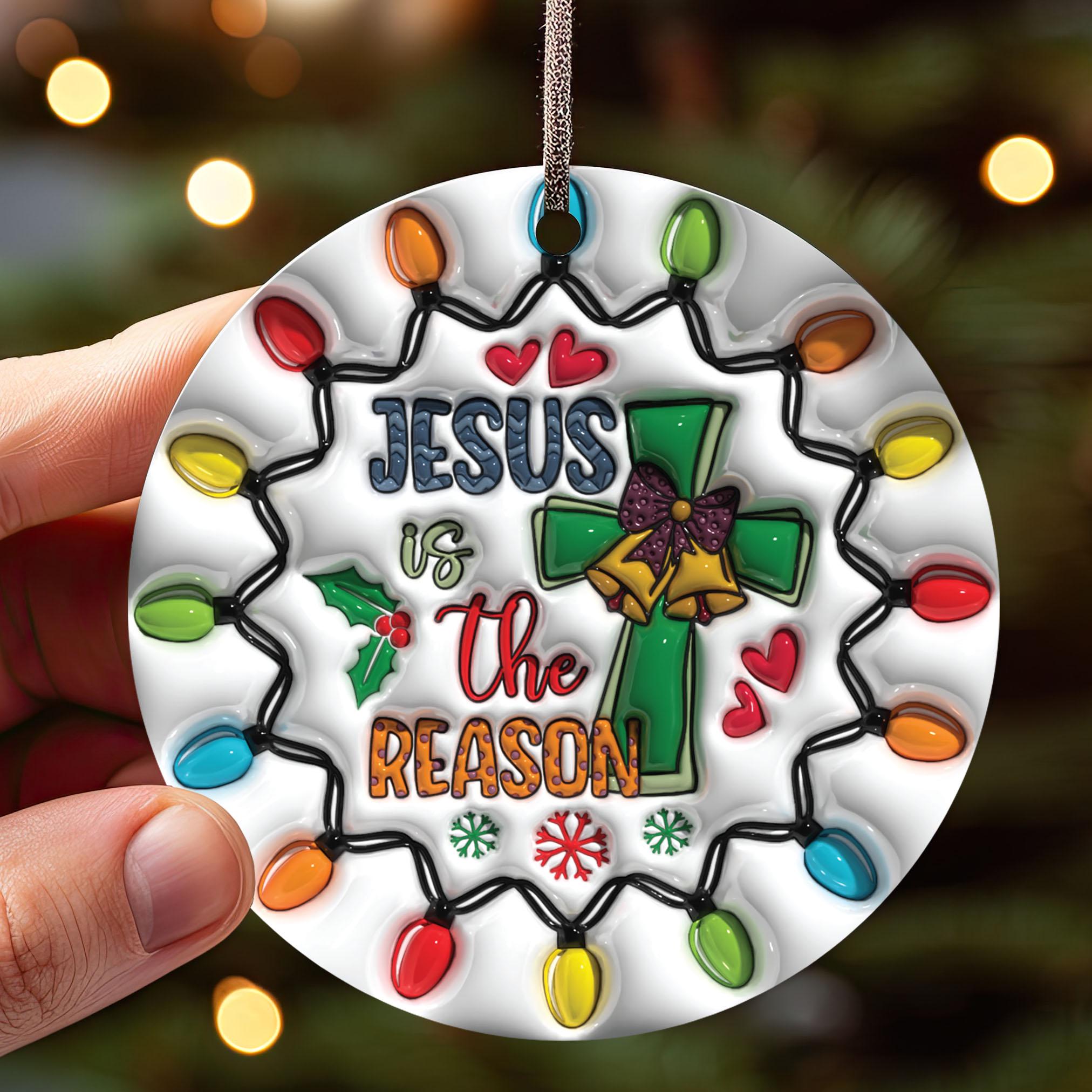 143D Inflated Jesus Is The Reason Christmas Ornament PNG, Christian Christmas Ornament Sublimation PNG, Christmas Cross Round Ornament