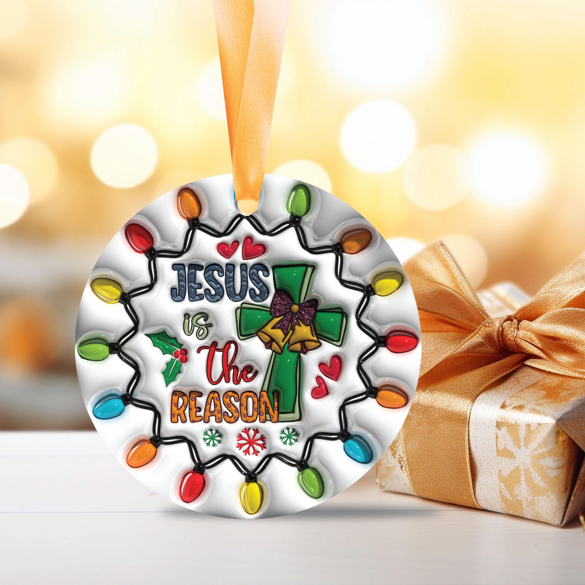 143D Inflated Jesus Is The Reason Christmas Ornament PNG, Christian Christmas Ornament Sublimation PNG, Christmas Cross Round Ornament