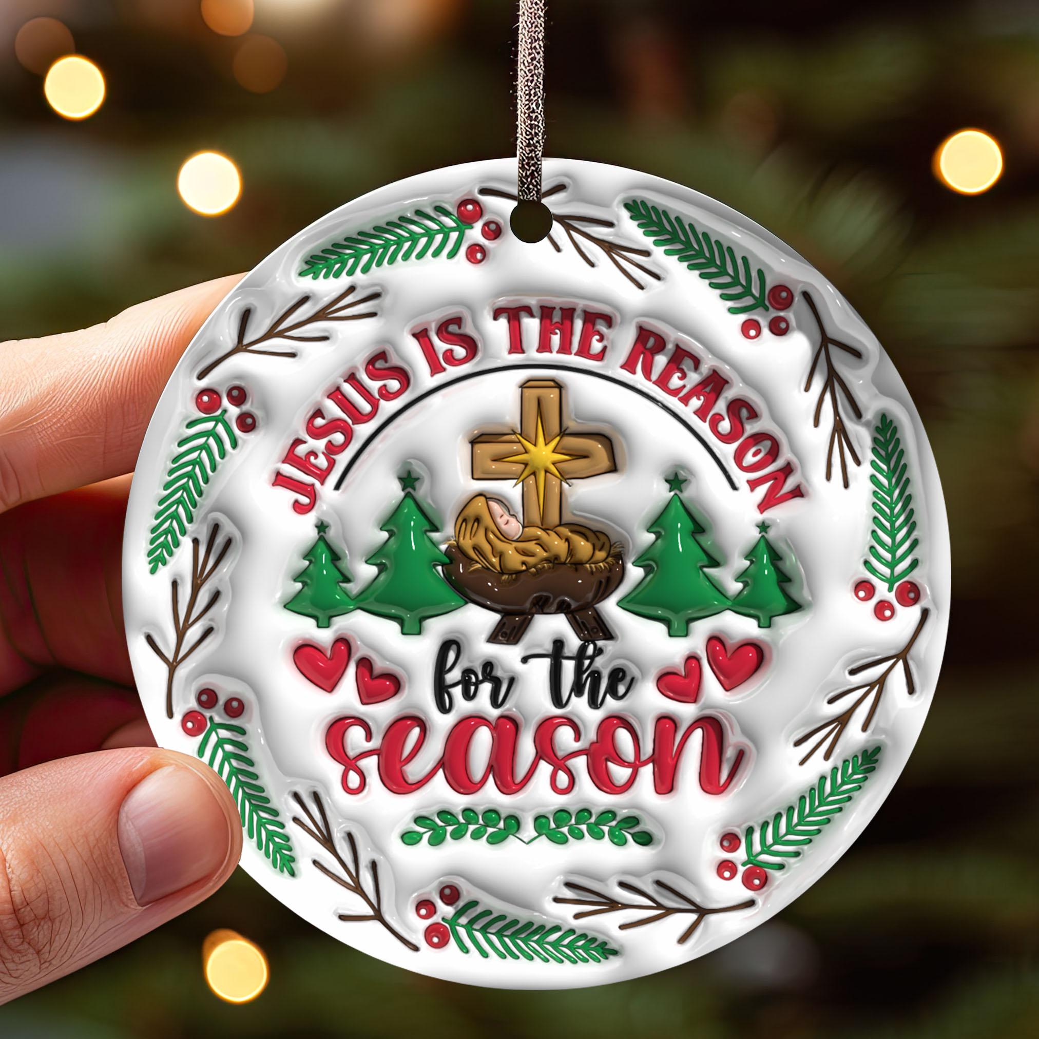 143D Inflated Jesus Is The Reason For The Season Ornament PNG, Christian Christmas Ornament Sublimation PNG, Nativity Scene Round Ornament