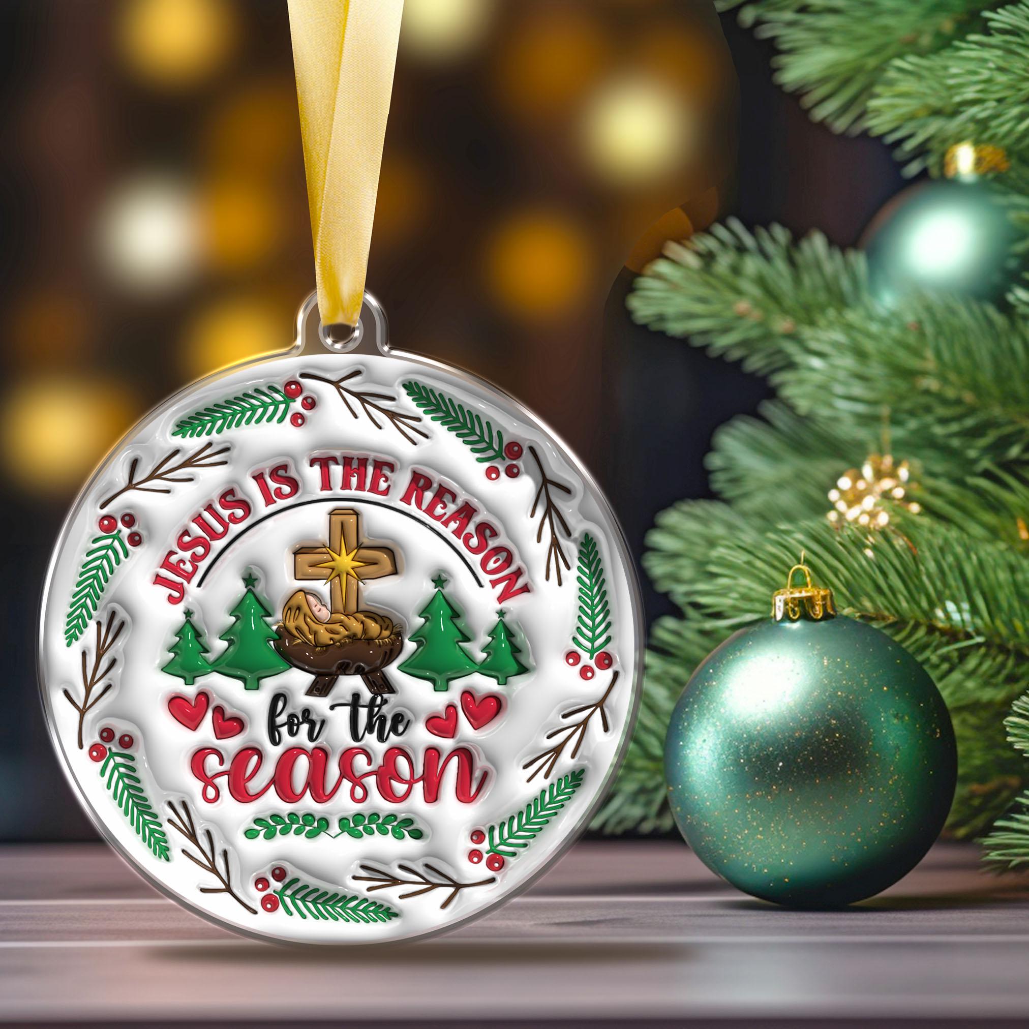 143D Inflated Jesus Is The Reason For The Season Ornament PNG, Christian Christmas Ornament Sublimation PNG, Nativity Scene Round Ornament