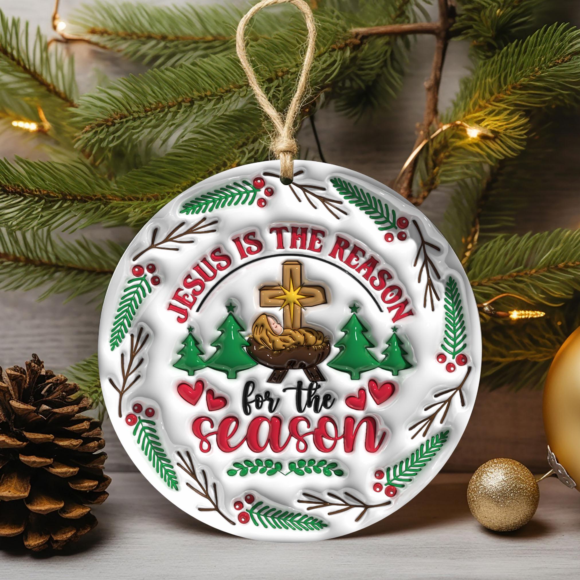 143D Inflated Jesus Is The Reason For The Season Ornament PNG, Christian Christmas Ornament Sublimation PNG, Nativity Scene Round Ornament