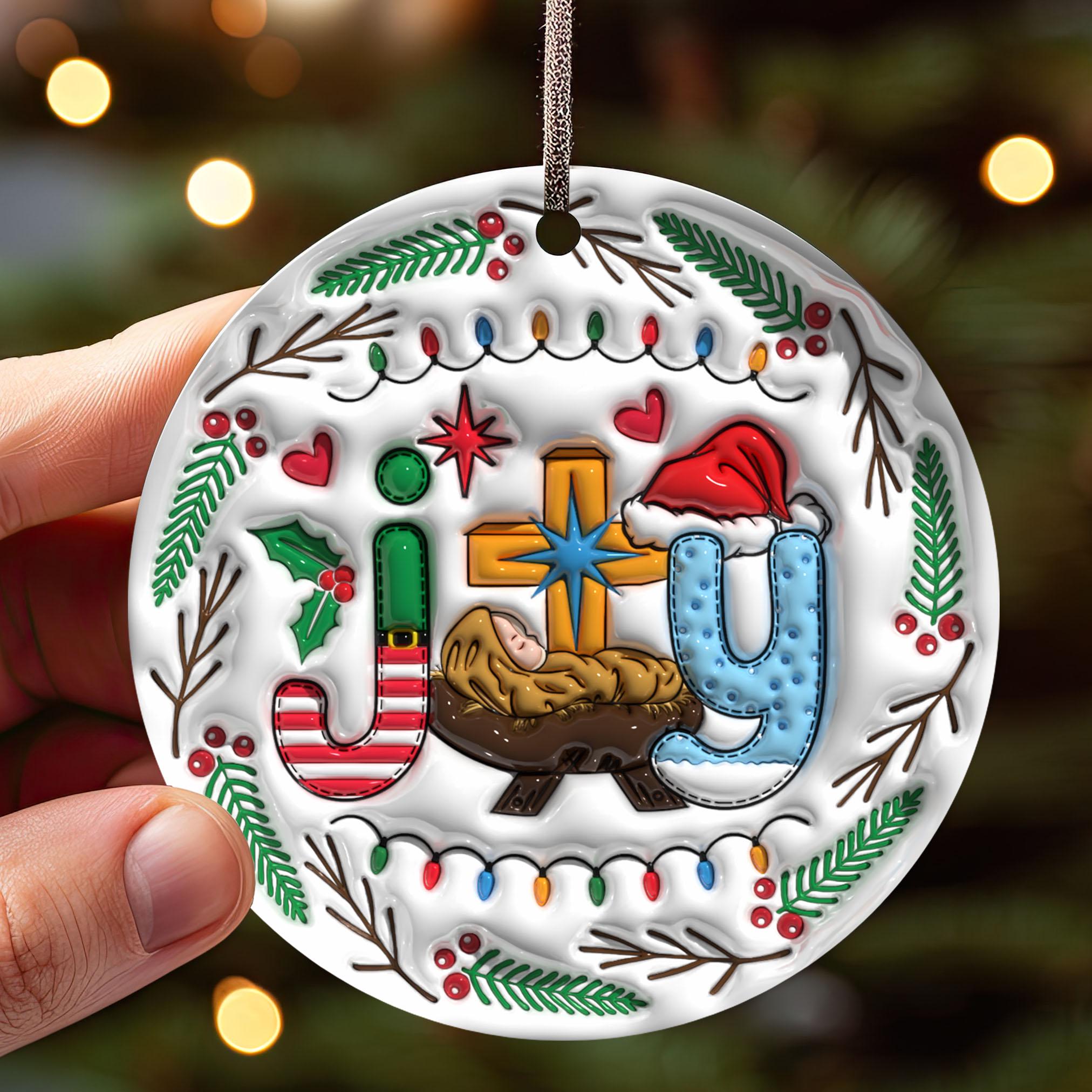 143D Inflated Joy To The World Jesus Christmas Ornament PNG, Christian Christmas Ornament Sublimation PNG, Nativity Scene Round Ornament