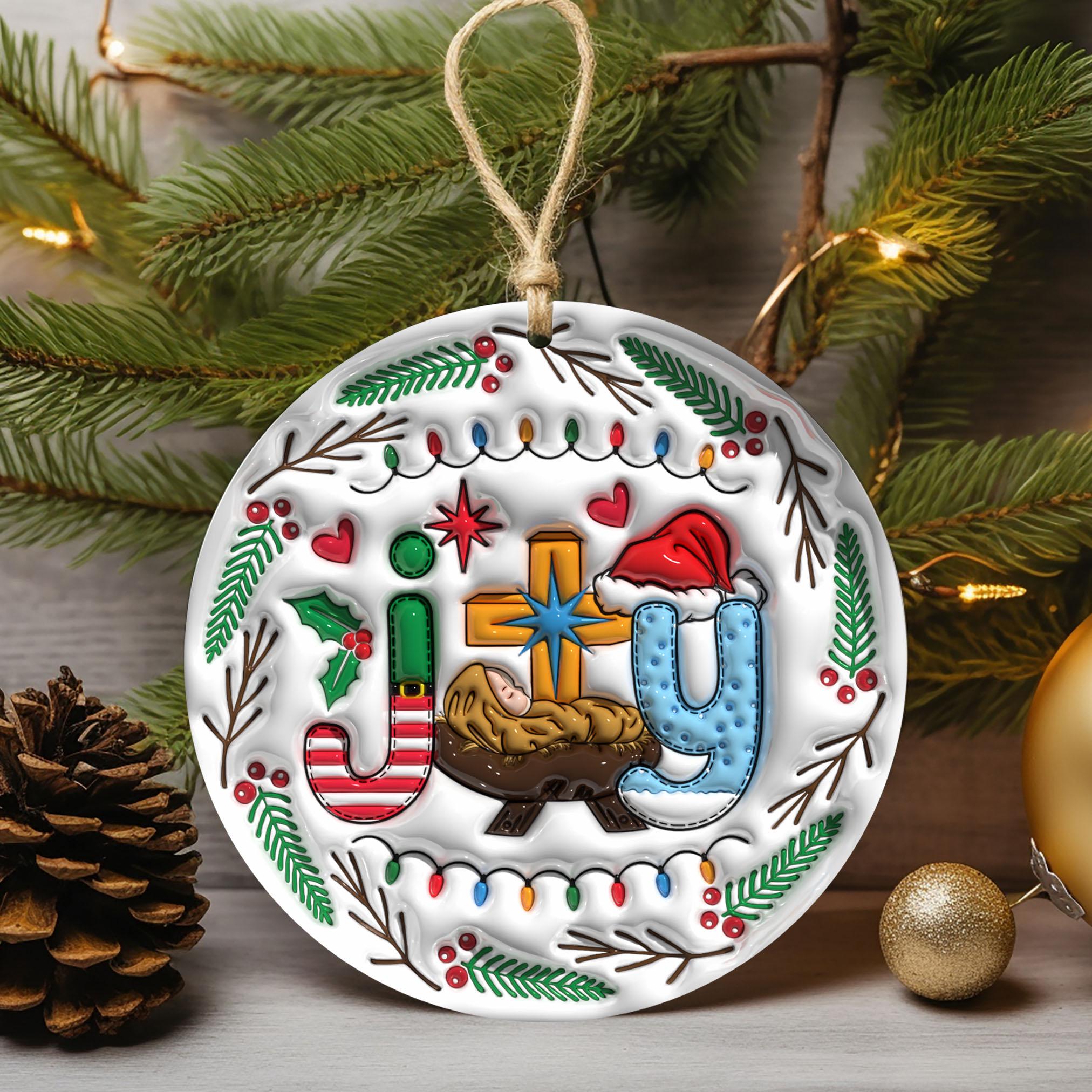 143D Inflated Joy To The World Jesus Christmas Ornament PNG, Christian Christmas Ornament Sublimation PNG, Nativity Scene Round Ornament