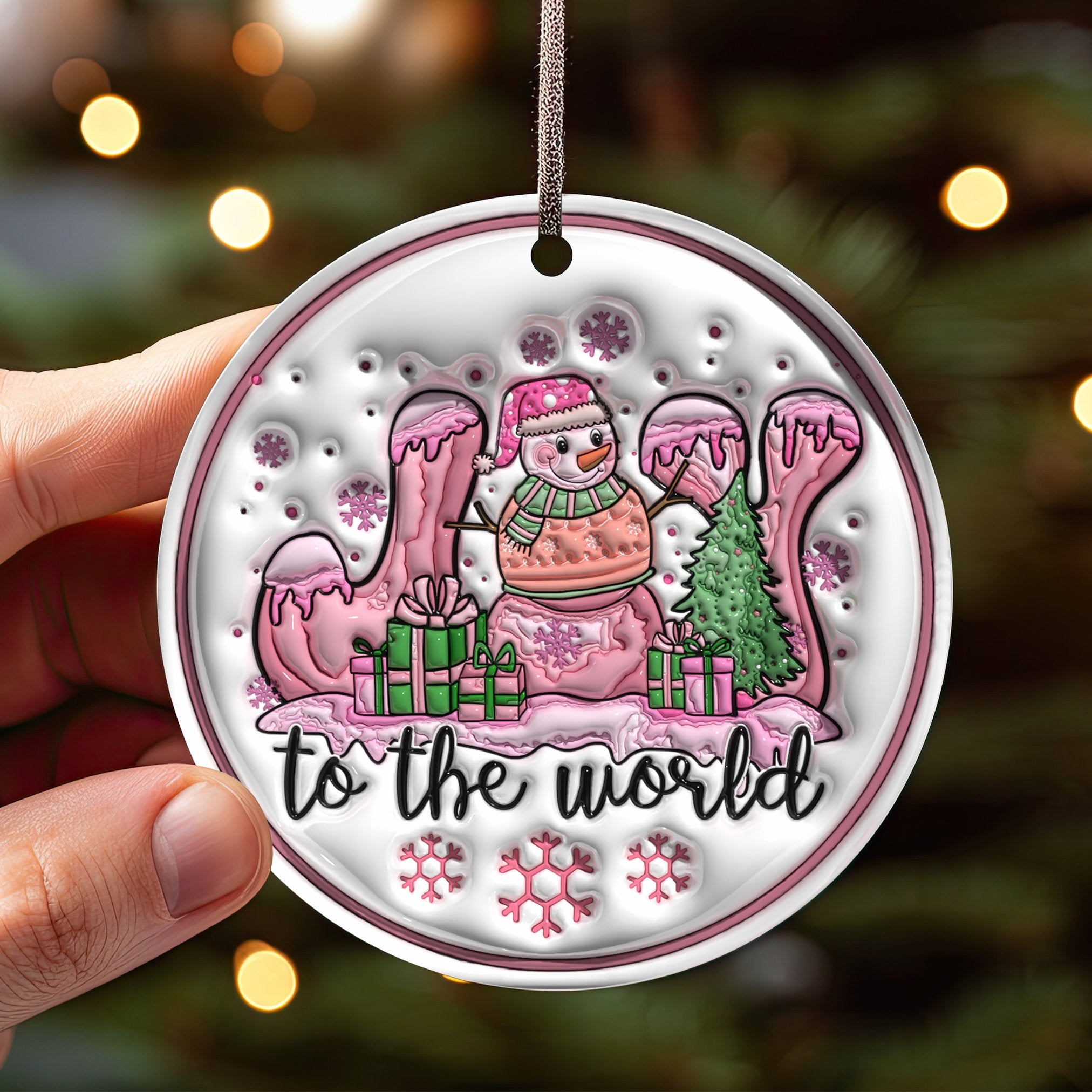 143D Inflated Joy To The World Ornament, Christian Christmas Ornament Sublimation PNG, Jesus Merry Christmas Round Ornament, Pink Christ