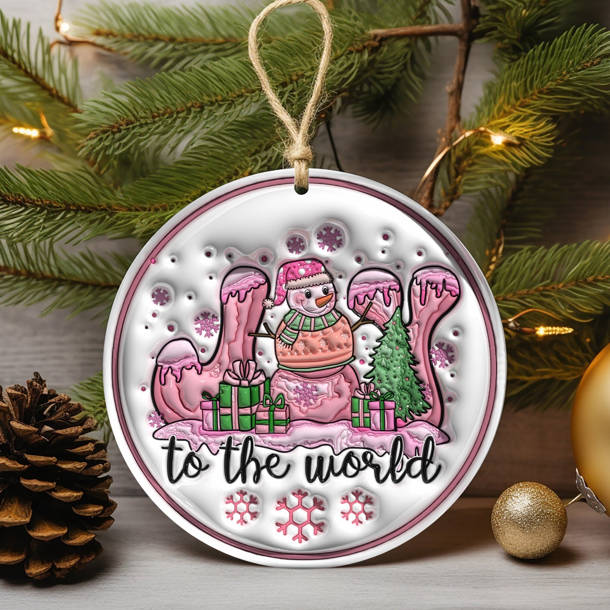 143D Inflated Joy To The World Ornament, Christian Christmas Ornament Sublimation PNG, Jesus Merry Christmas Round Ornament, Pink Christ