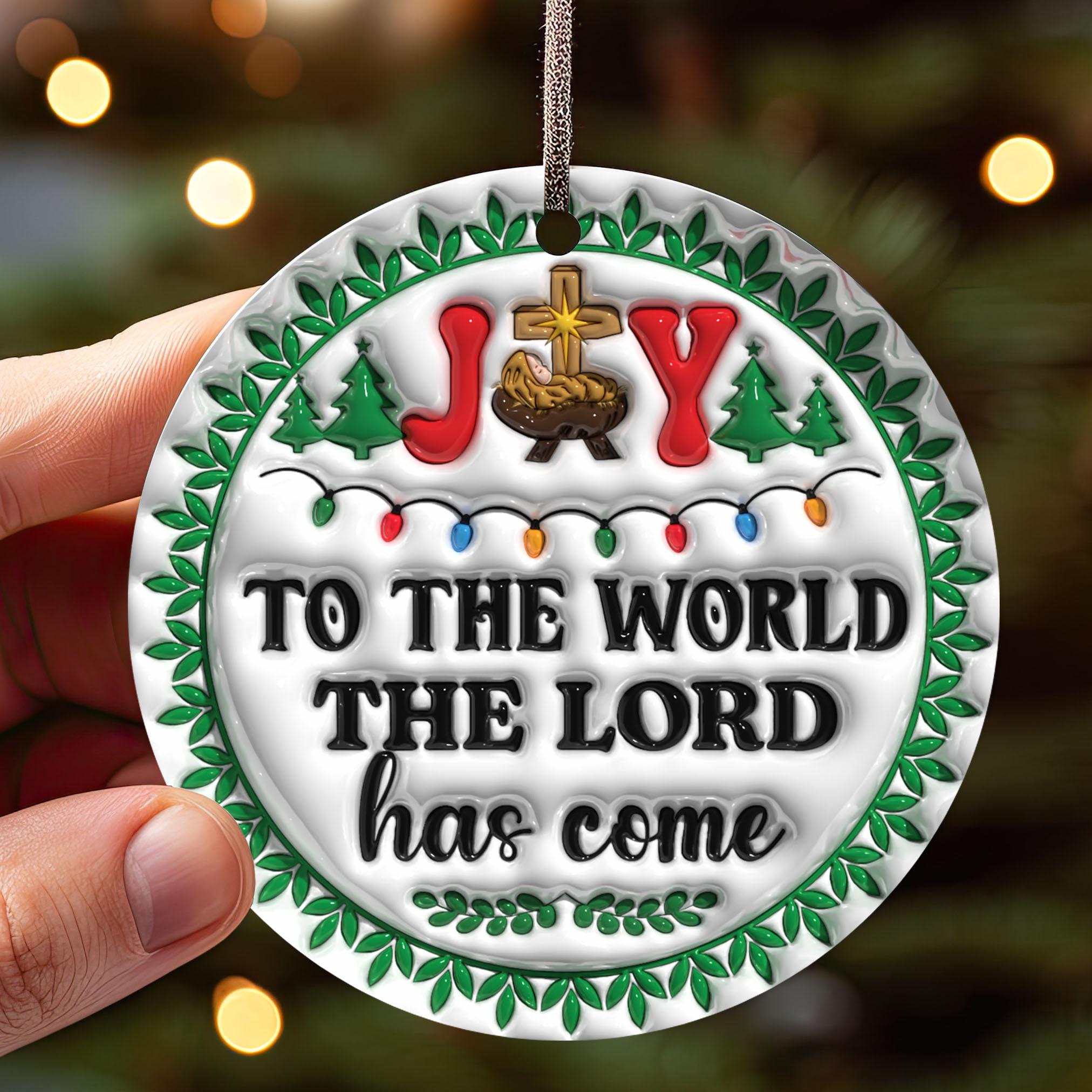 143D Inflated Joy To The World The Lord Has Come Ornament PNG, Christian Christmas Ornament Sublimation PNG, Nativity Scene Round Ornament