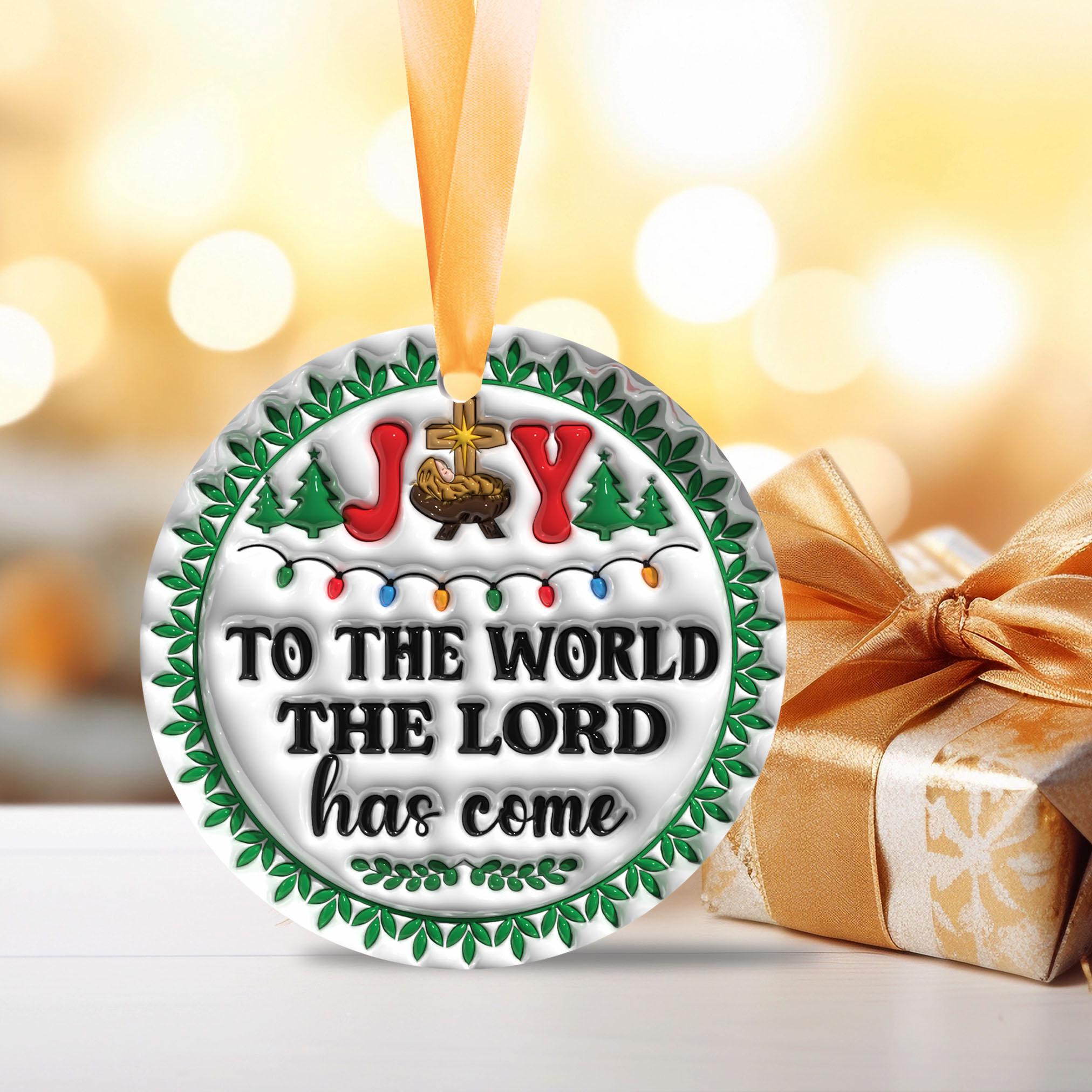 143D Inflated Joy To The World The Lord Has Come Ornament PNG, Christian Christmas Ornament Sublimation PNG, Nativity Scene Round Ornament