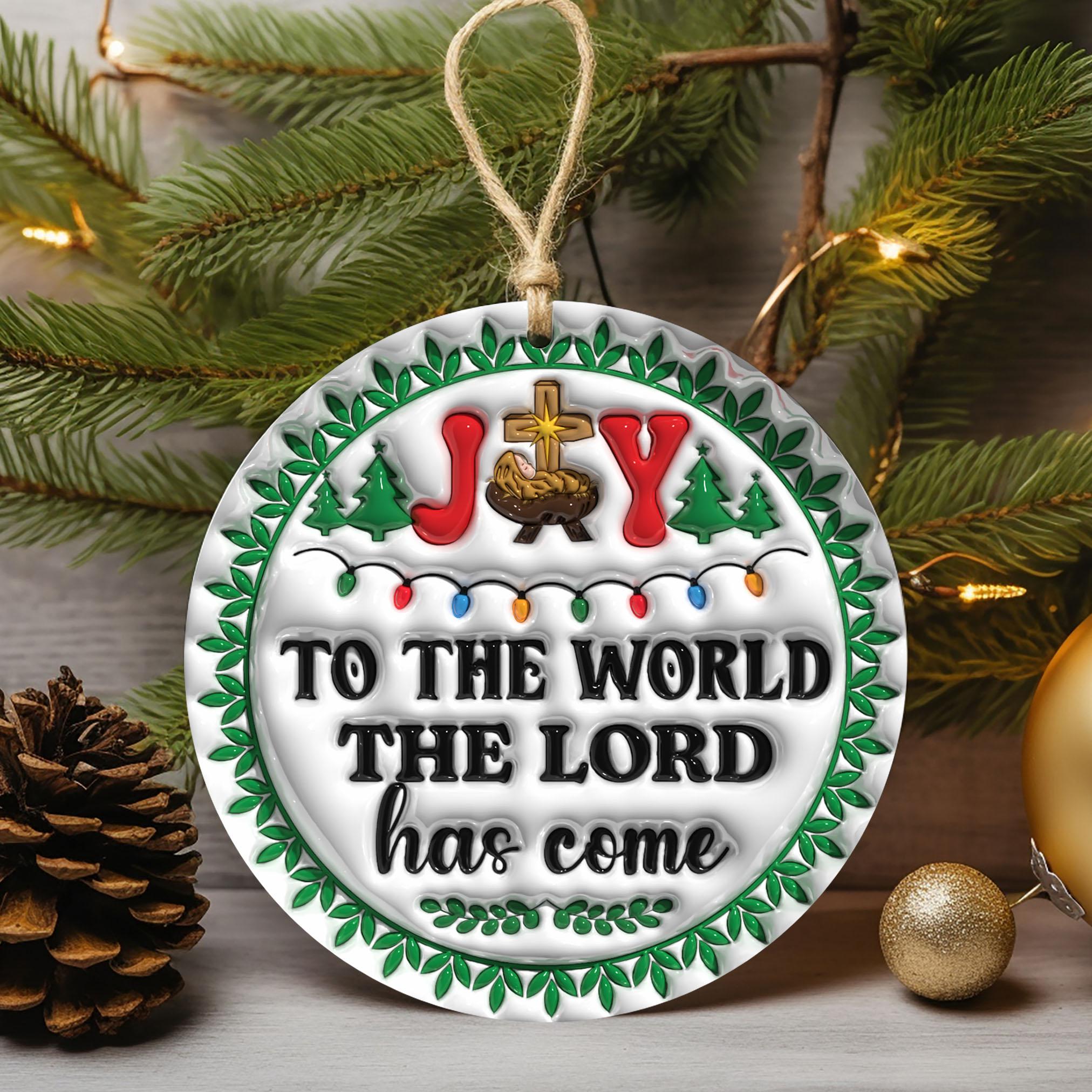 143D Inflated Joy To The World The Lord Has Come Ornament PNG, Christian Christmas Ornament Sublimation PNG, Nativity Scene Round Ornament