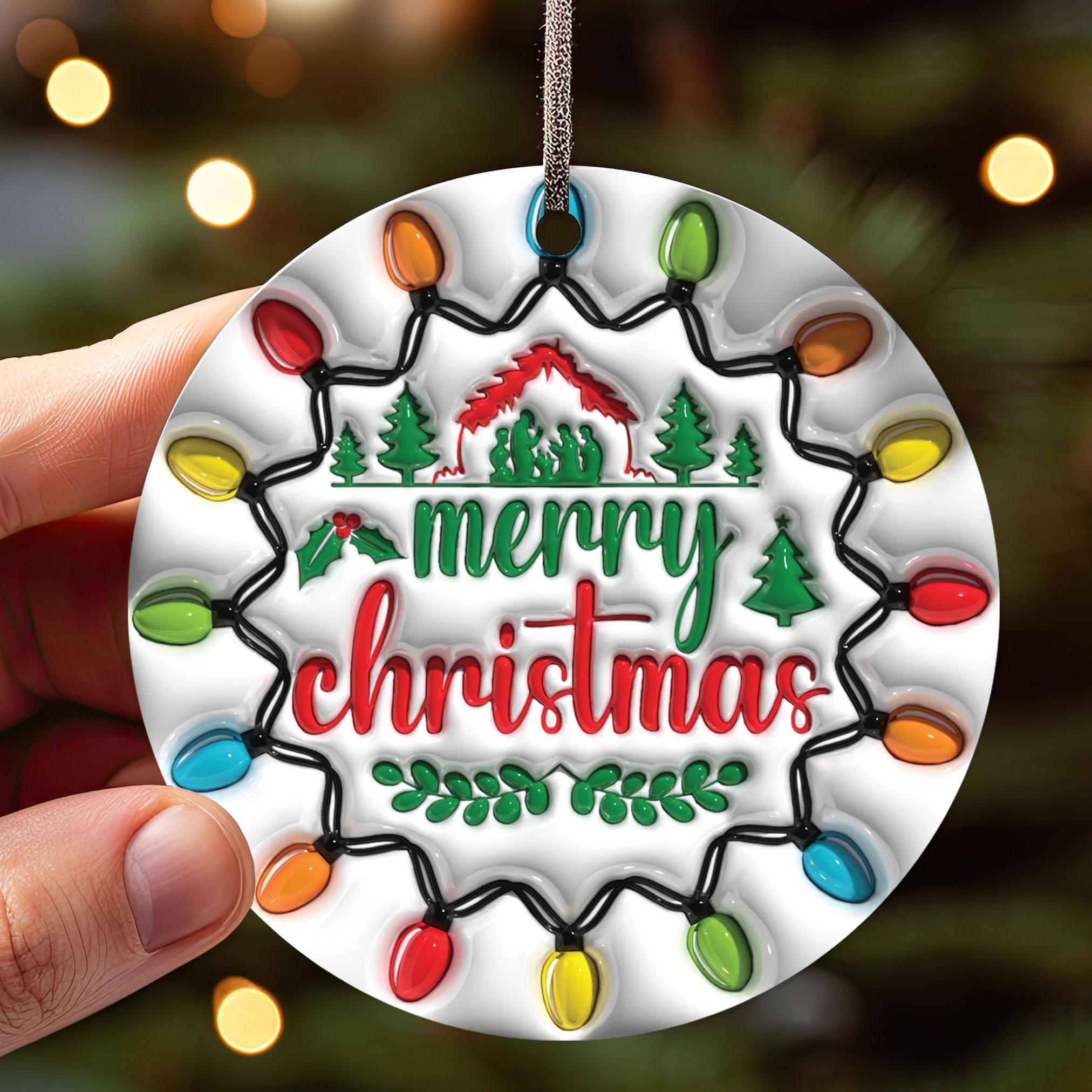 143D Inflated Merry Christmas Ornament PNG, Christian Christmas Ornament Sublimation PNG, Nativity Scene Christmas Round Ornament