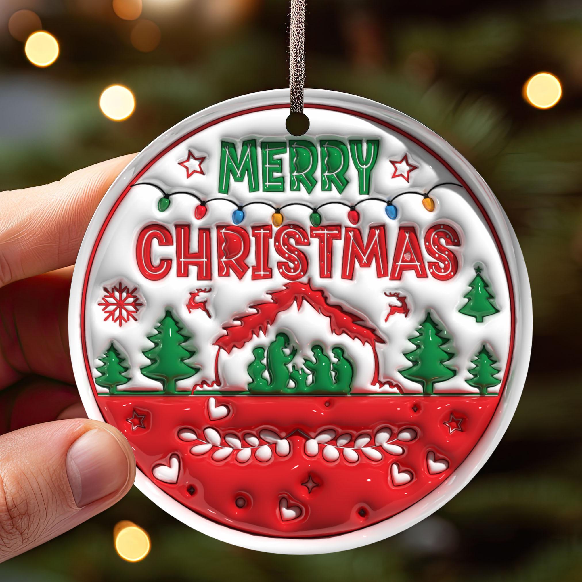 143D Inflated Merry Christmas Ornament PNG, Christian Christmas Ornament Sublimation PNG, Nativity Scene Round Ornament