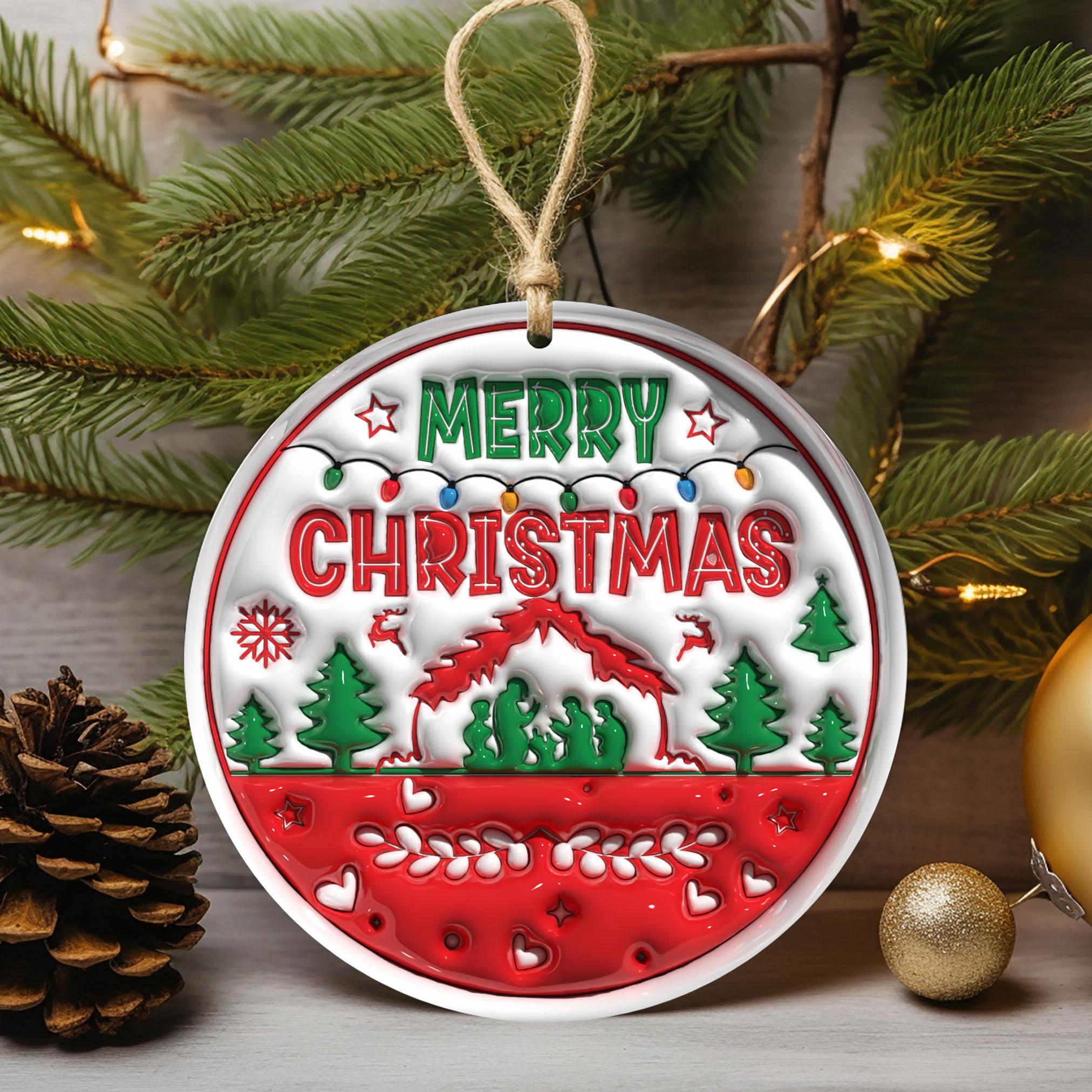 143D Inflated Merry Christmas Ornament PNG, Christian Christmas Ornament Sublimation PNG, Nativity Scene Round Ornament