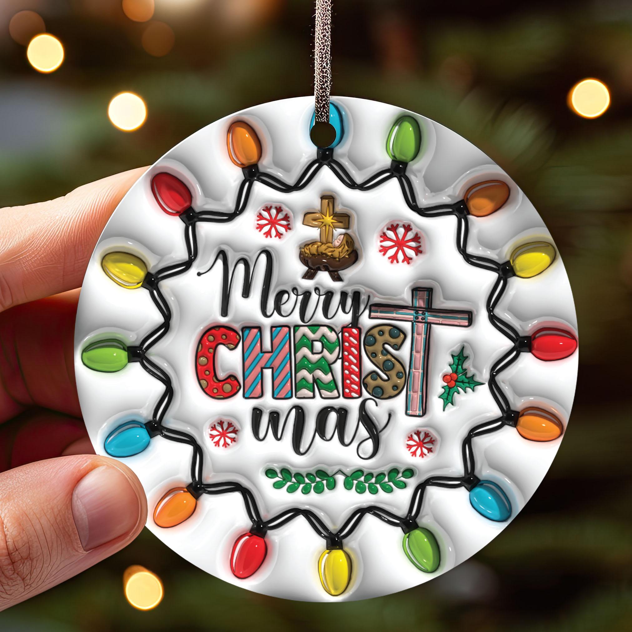 143D Inflated Merry Christmas Ornament PNG, Christian Christmas Ornament Sublimation PNG, Nativity Scene Round Ornament PNG, Christmas Cr