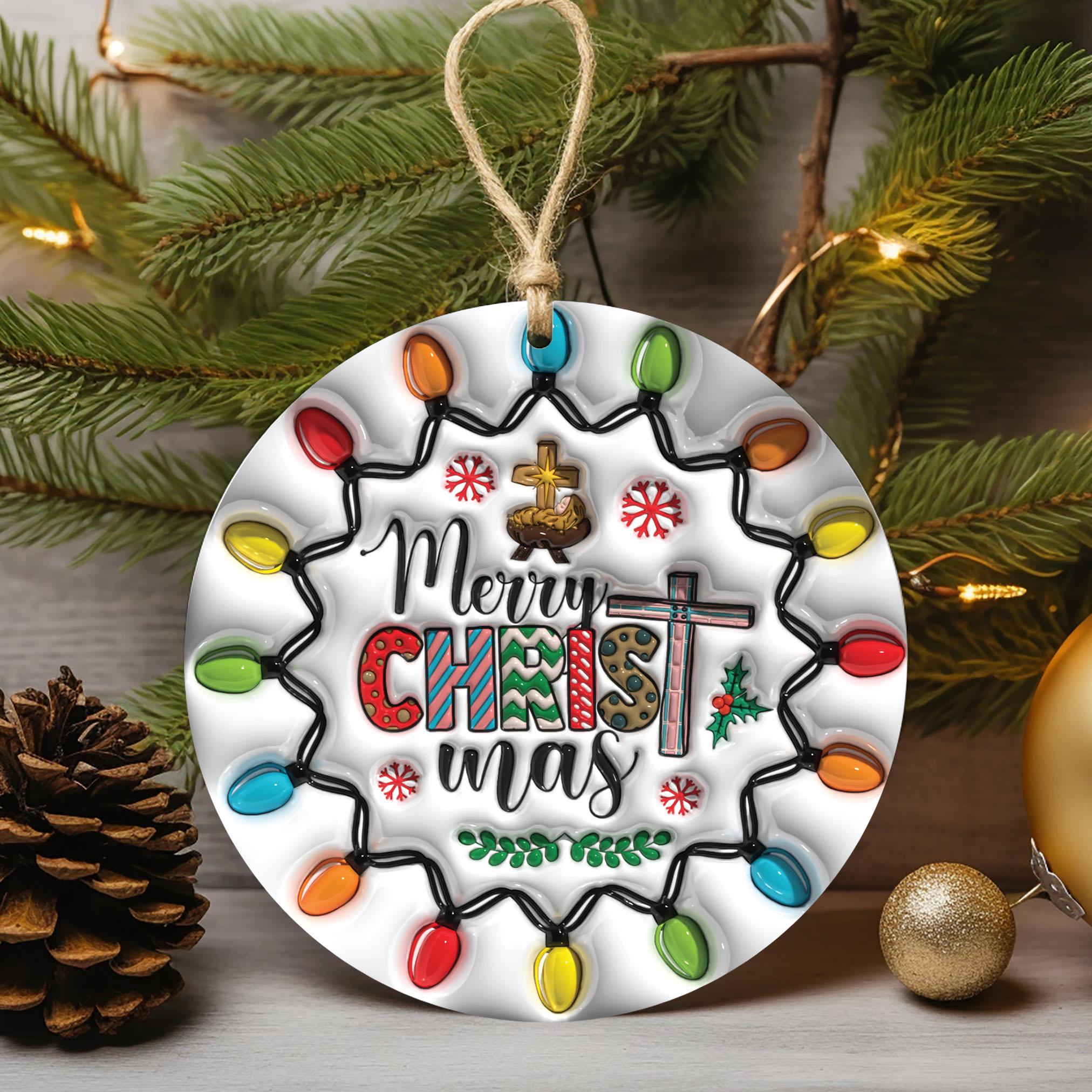 143D Inflated Merry Christmas Ornament PNG, Christian Christmas Ornament Sublimation PNG, Nativity Scene Round Ornament PNG, Christmas Cr