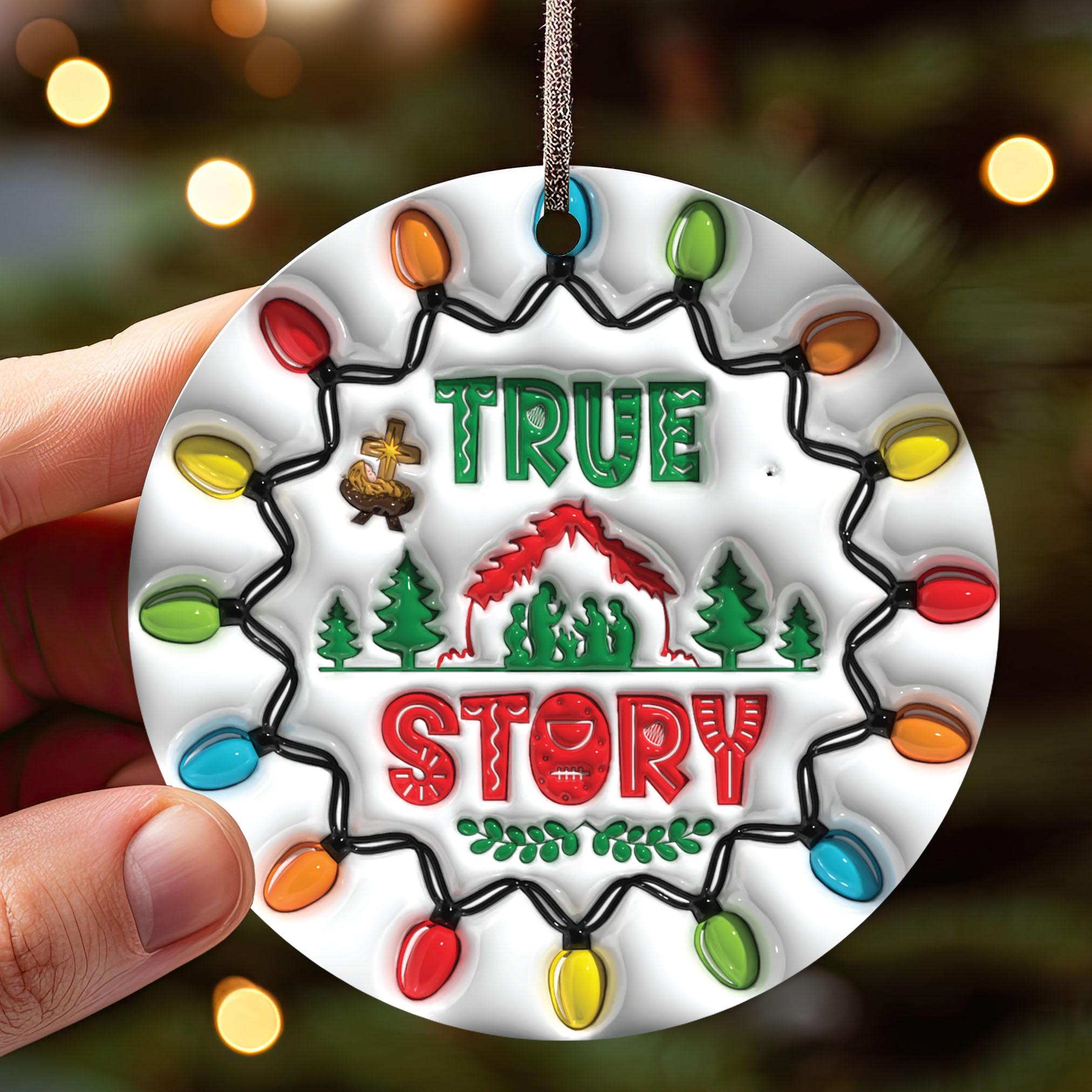 143D Inflated True Story Christmas Ornament PNG, Christian Christmas Ornament Sublimation PNG, Nativity Scene Round Ornament, Jesus Christ