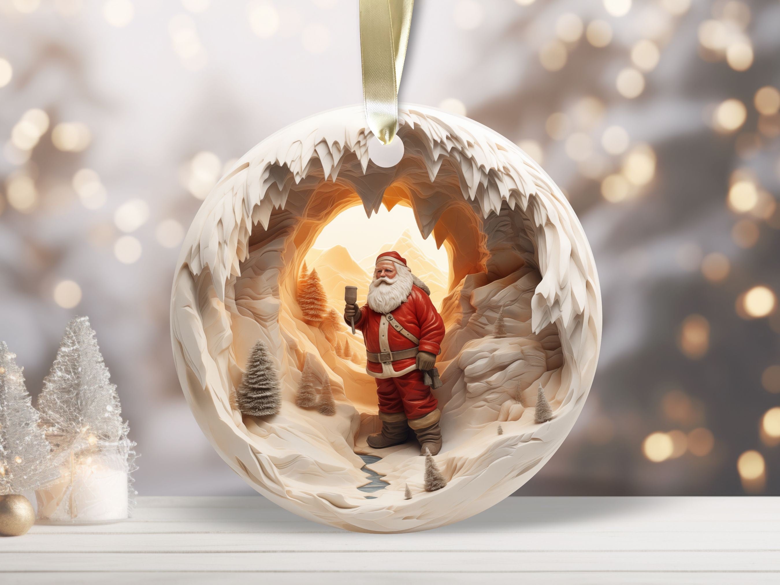 143D Santa Christmas Ornament PNG Sublimation Design, 3D Christmas Round Ornaments PNG, Ceramic Break Through PNG, Coasters, Digital F