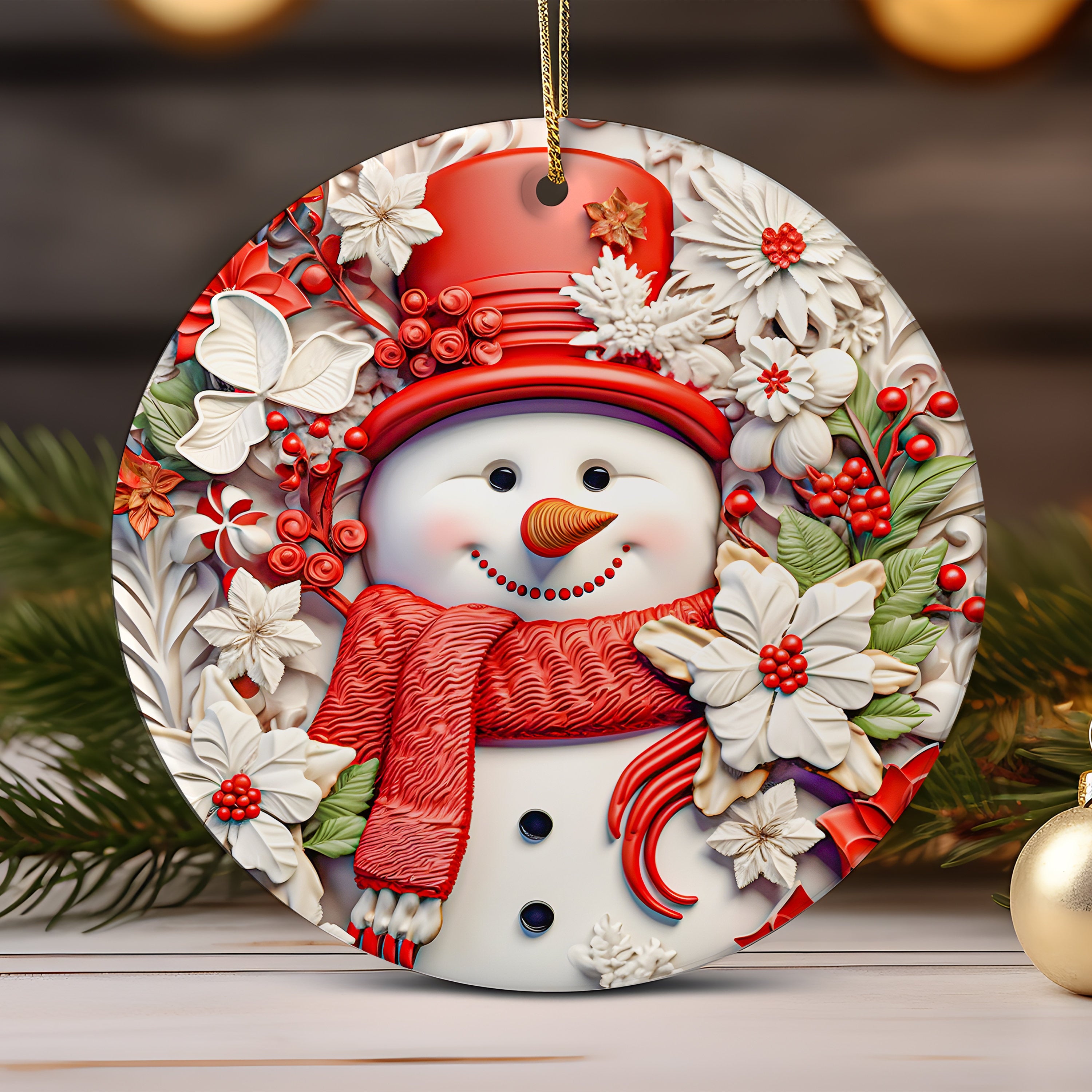 143D Snowman Christmas Ornament Sublimation Design 3D Christmas Round Ornament PNG, Instant Digital Downl