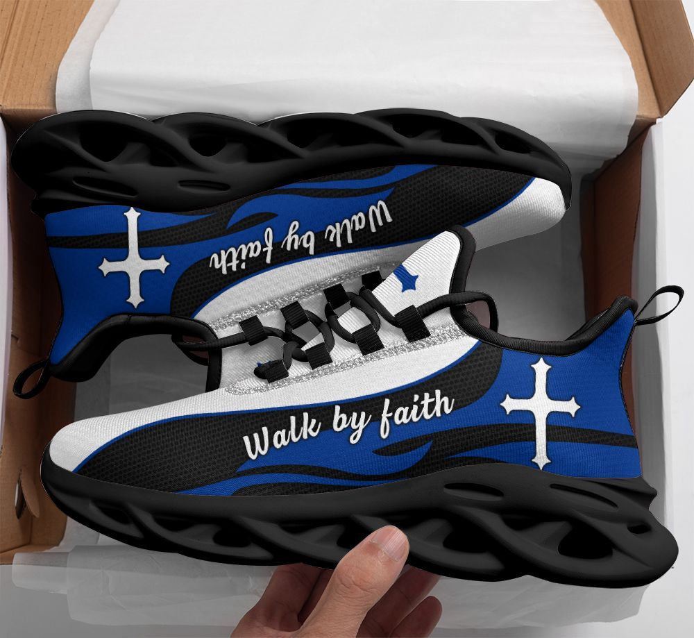 Christian Best Running Shoes, Blue Jesus Walk By Faith Running Christ Sneakers Max Soul Shoes For Men And Women, Jesus Fashion Shoes