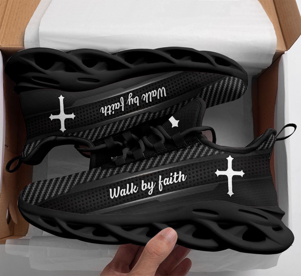 Christian Best Running Shoes, Jesus Walk By Faith Black Running Shoes Max Soul Shoes For Men And Women, Jesus Fashion Shoes