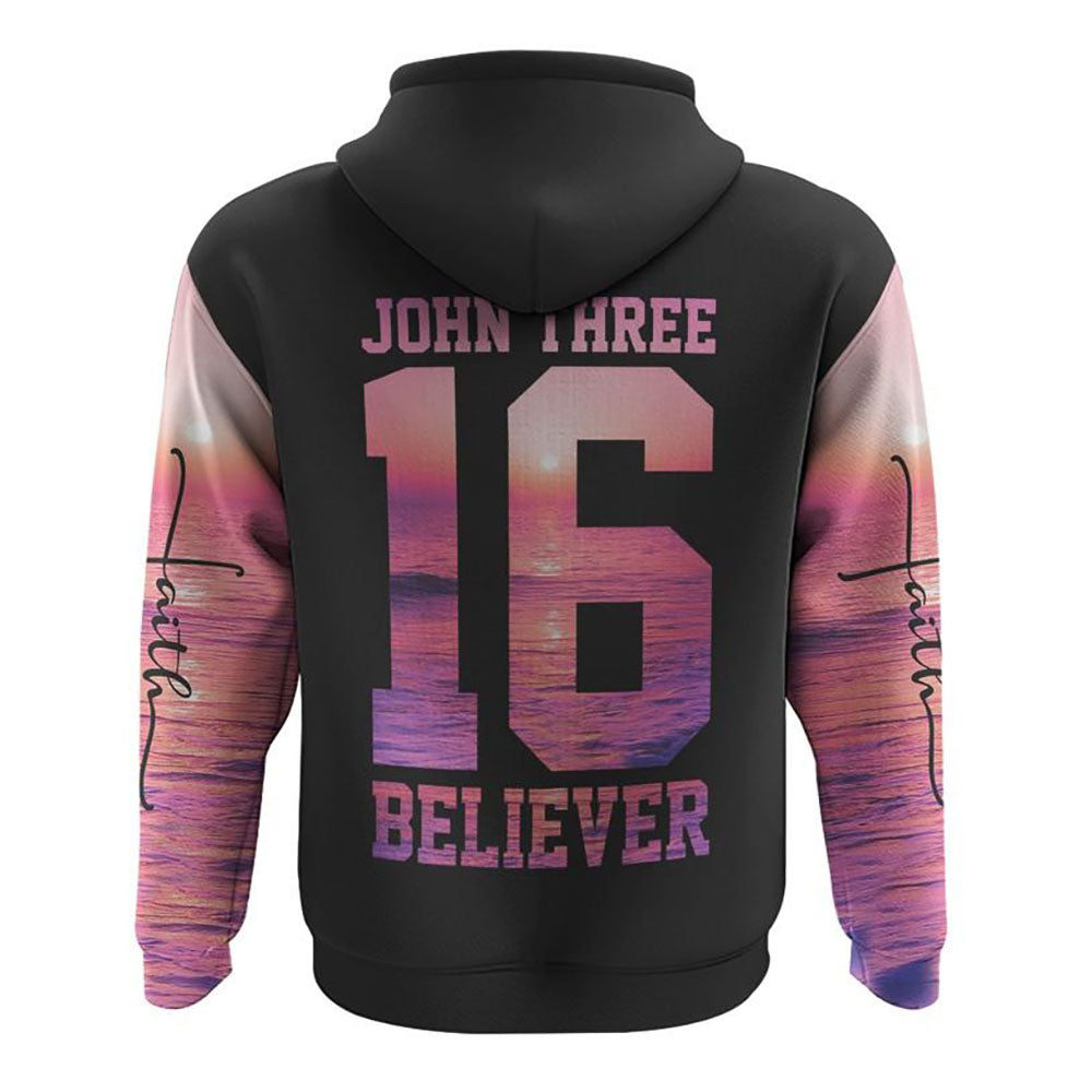 Custom Believer Sunset Beach All Over Print 3D Hoodie, Christian Hoodie, Christian Sweatshirt, Bible Verse Shirt