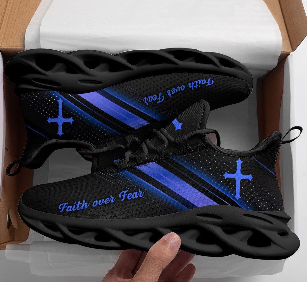 Christian Best Running Shoes, Jesus Black Blue Faith Over Fear Running Sneakers Max Soul Shoes For Men And Women, Jesus Fashion Shoes