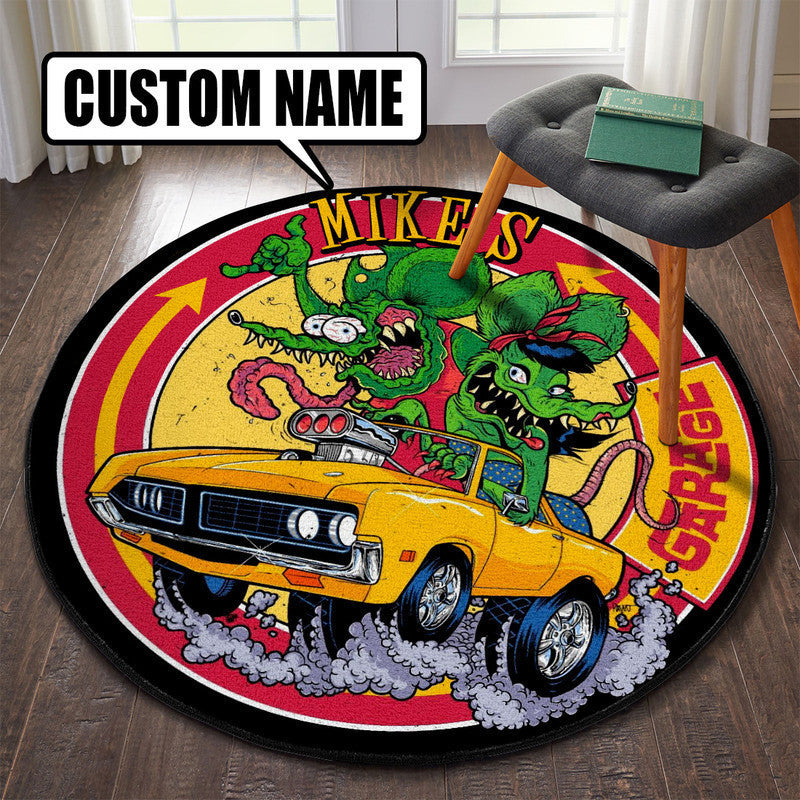 Personalized Hot Rod Garage Garage Decor, Home Bar Decor Speed Shop Round Mat